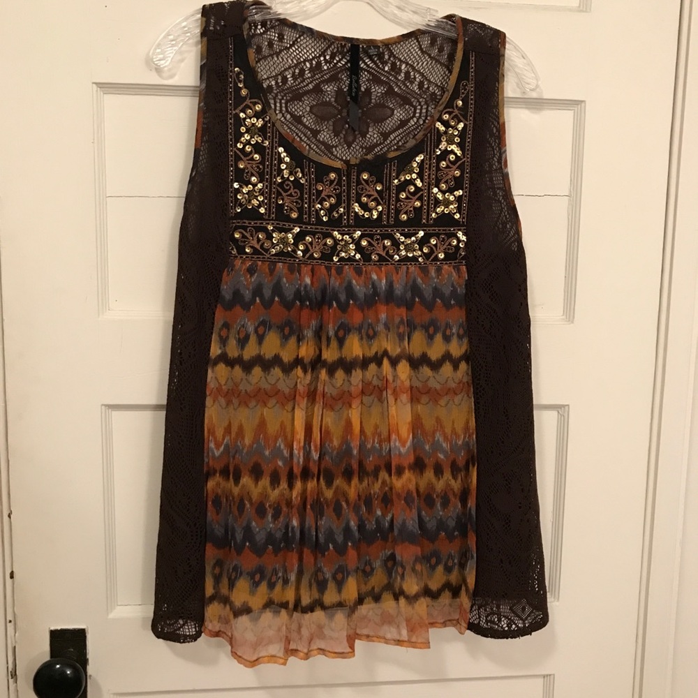 Bellatrix L Boho Black Lace Gold Sequin Tank Top